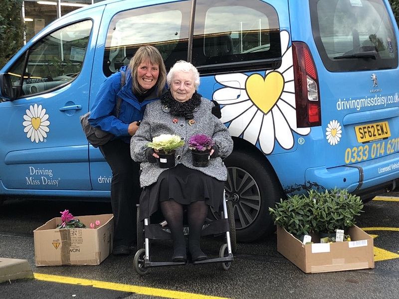 Driving Miss Daisy franchisee with elderly customer in van