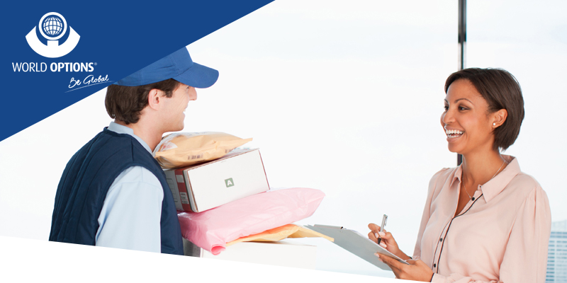 world options customer collecting parcels from delivery man