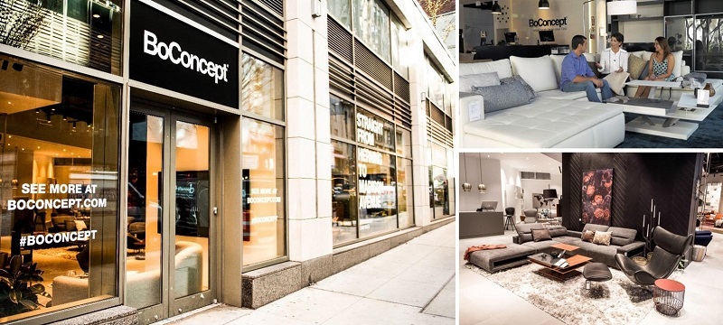 A collage of the exterior of a BoConcept shop and sofas inside the store